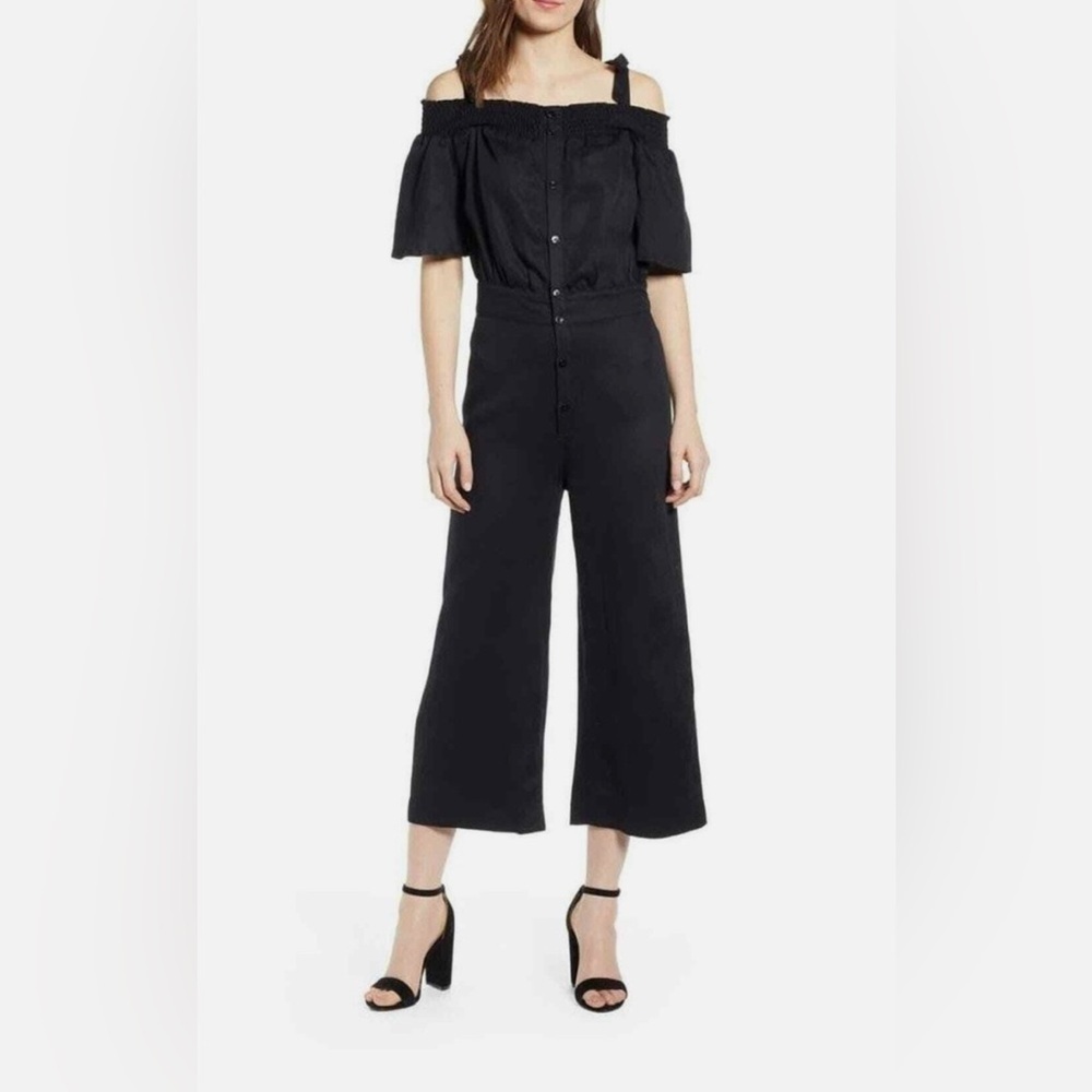 NWT 7 For All Mankind Black Off-Shoulder Linen Blend Cropped Wide Leg Jumpsuit S